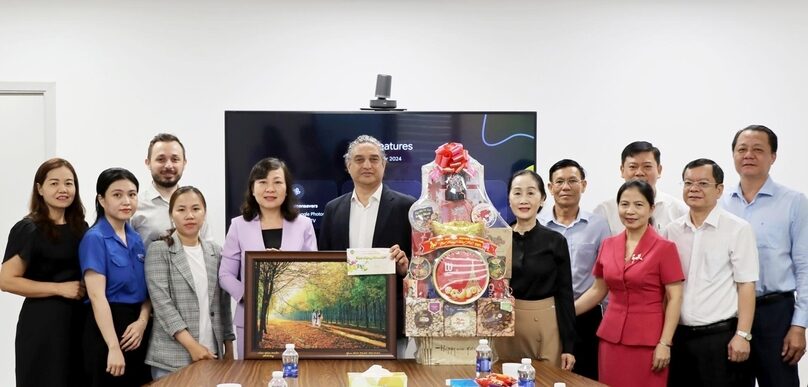 Huynh Thi Hang (pink suit), Chairwoman of Binh Phuoc People's Council, visit Hayat Kimya Vietnam factory in Binh Phuoc province, southern Vietnam on February 3, 2025. Photo courtesy of Binh Phuoc newspaper.