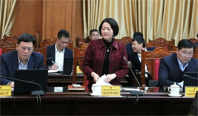 Director of Thai Binh Department of Planning and Investment Thai Thu Huong speaks at a meeting in the province, northern Vietnam, February 12, 2025. Photo courtesy of Thai Binh news portal.